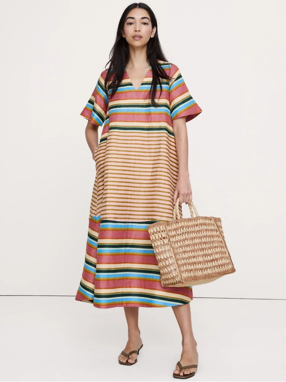 Banana Republic Linen Trapeze Midi dress Multicolor Striped Midi Dress - Picture 1 of 4